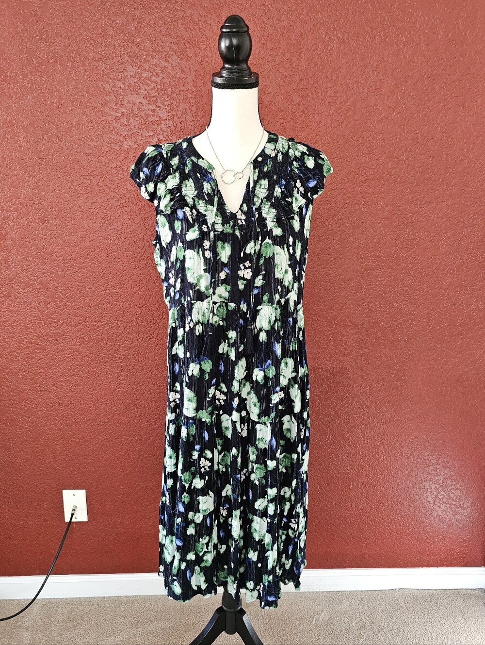 Style & Co. Navy Floral V-Neck Midi Dress with Green Accents - Picture 2 of 11